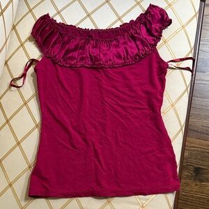 Ann Taylor Off-Shoulder Ruffle Top in Burgundy